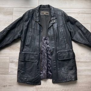 Members Only men’s jacket black Genuine Leather VINTAGE long coat full zip sizeM